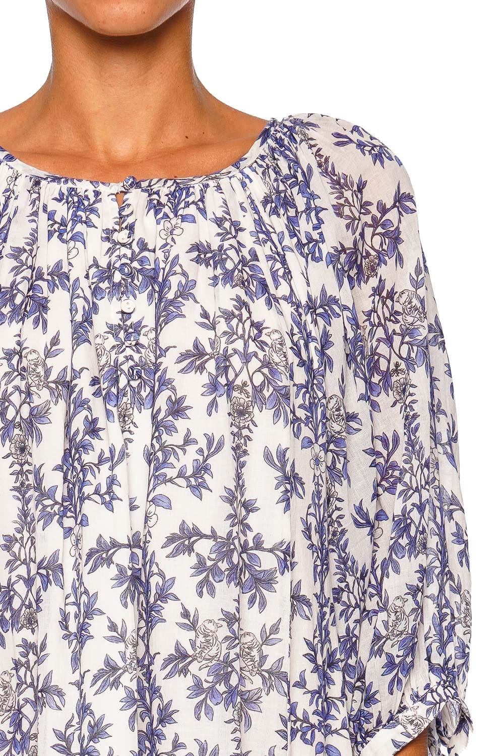 Coniglio Palm Beach Shirred Half Placket Blue Floral Three Quarter Sleeve Mini Dress