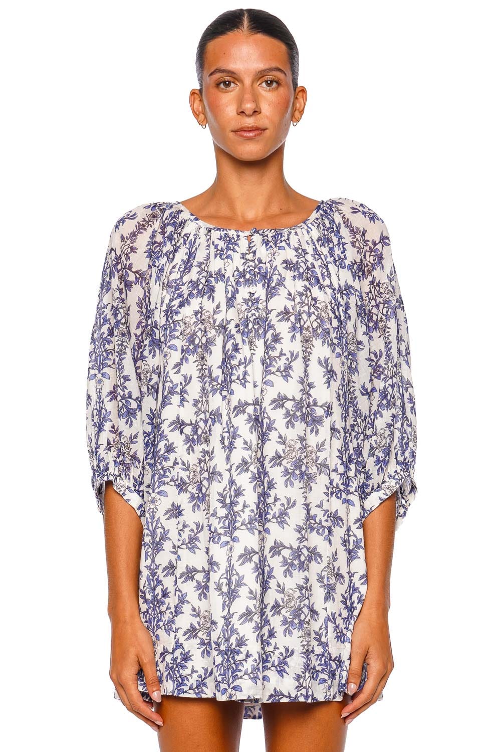 Coniglio Palm Beach Shirred Half Placket Blue Floral Three Quarter Sleeve Mini Dress