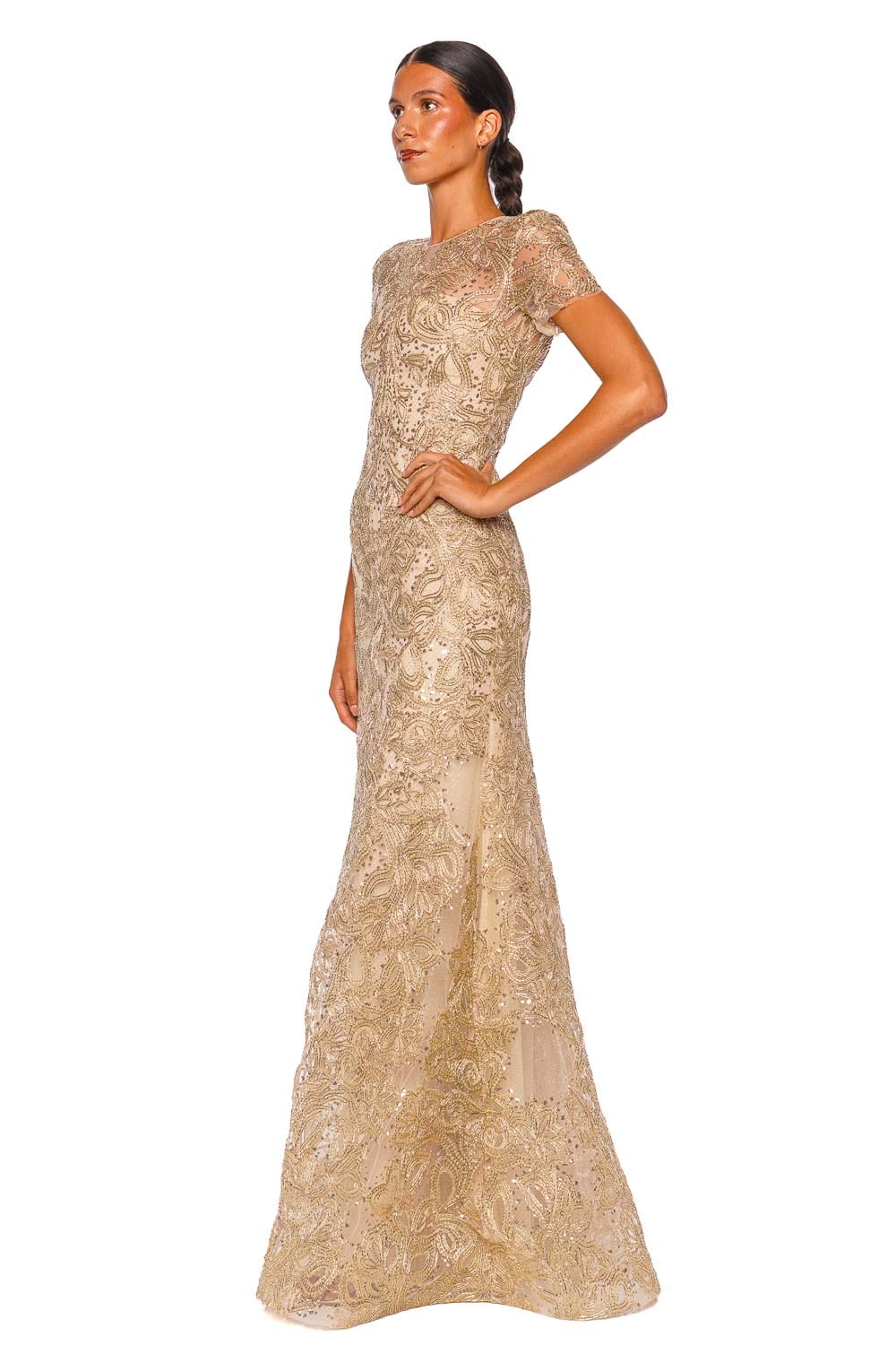 Naeem Khan Gold Metallic Raffia Cap Sleeve Fit & Flare Gown
