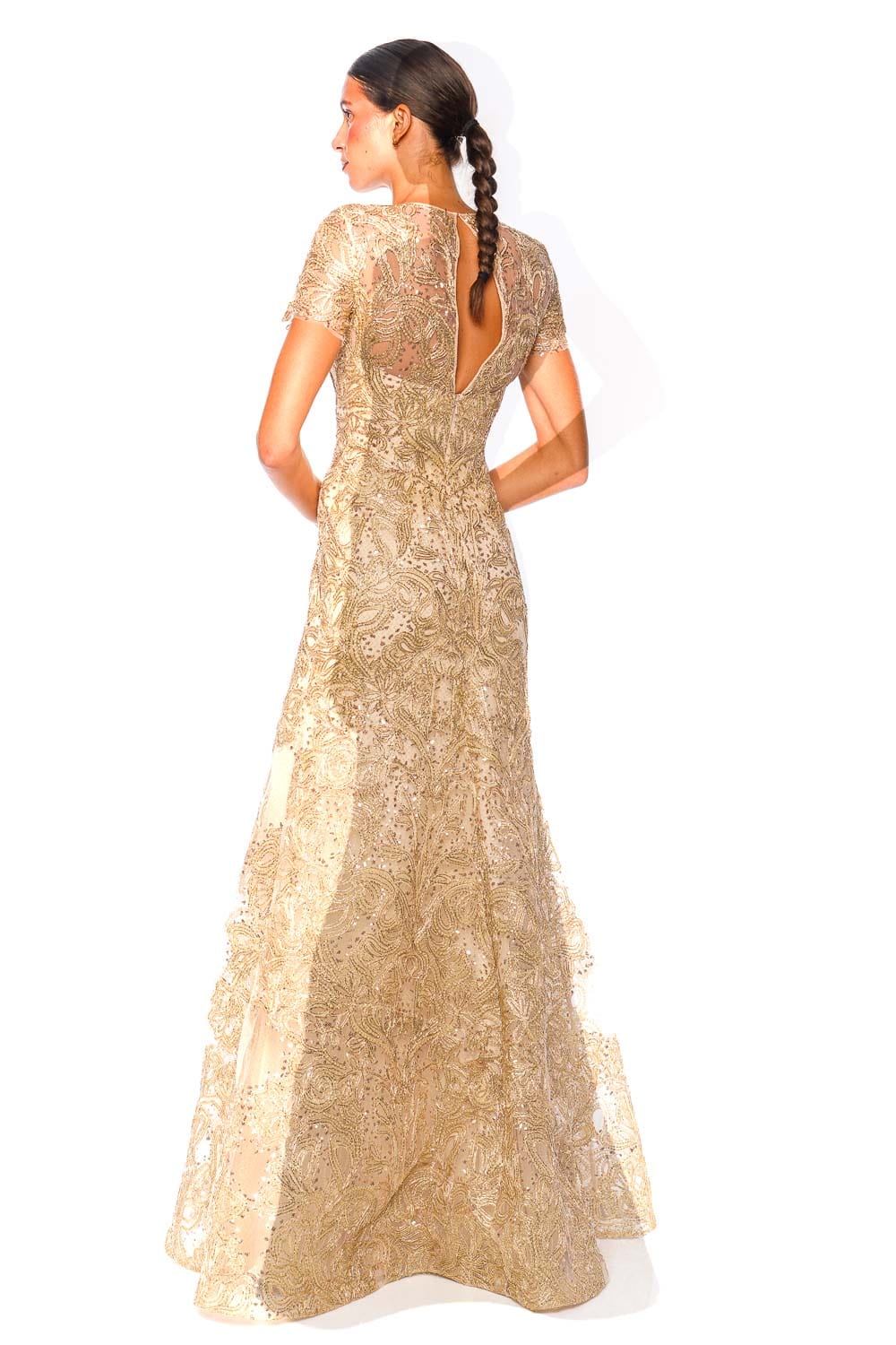 Naeem Khan Gold Metallic Raffia Cap Sleeve Fit & Flare Gown