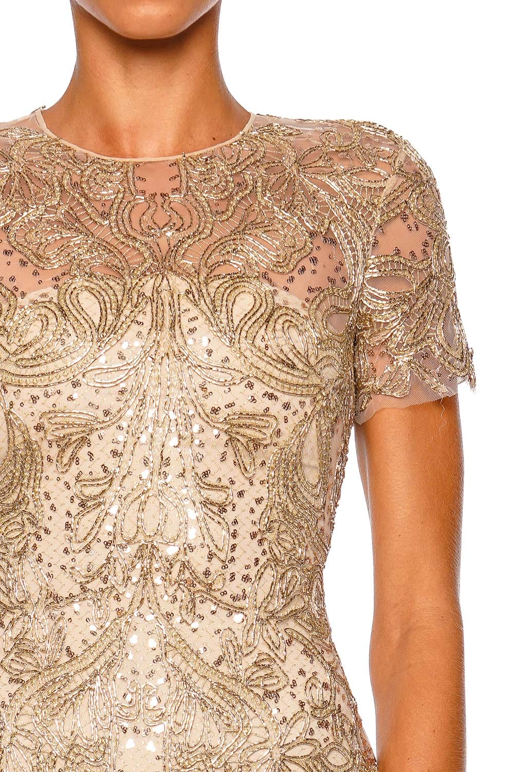 Naeem Khan Gold Metallic Raffia Cap Sleeve Fit & Flare Gown