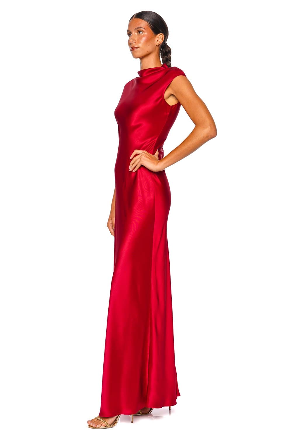 LAPOINTE Deep Red Satin Cap Sleeve Slit Gown
