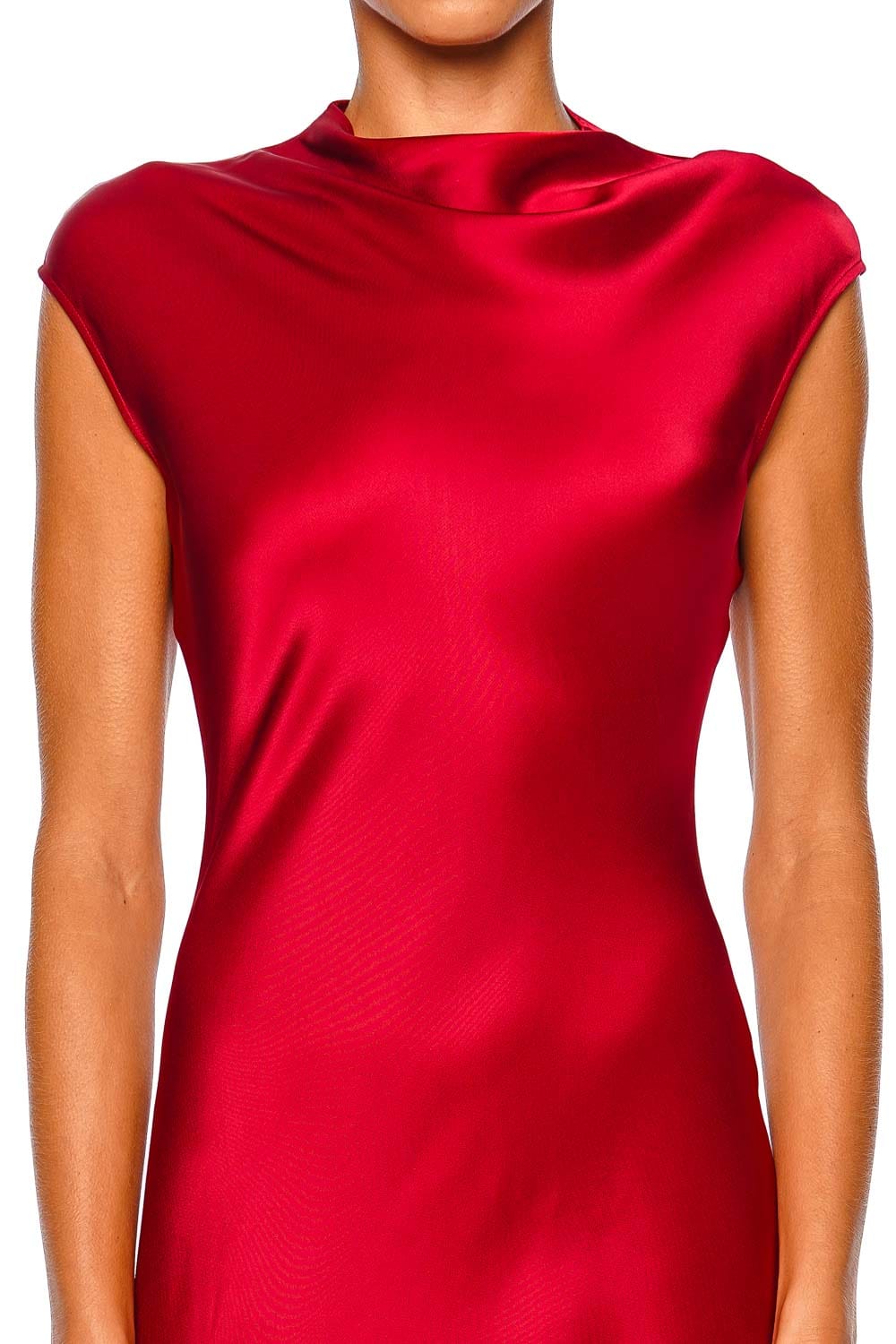 LAPOINTE Deep Red Satin Cap Sleeve Slit Gown