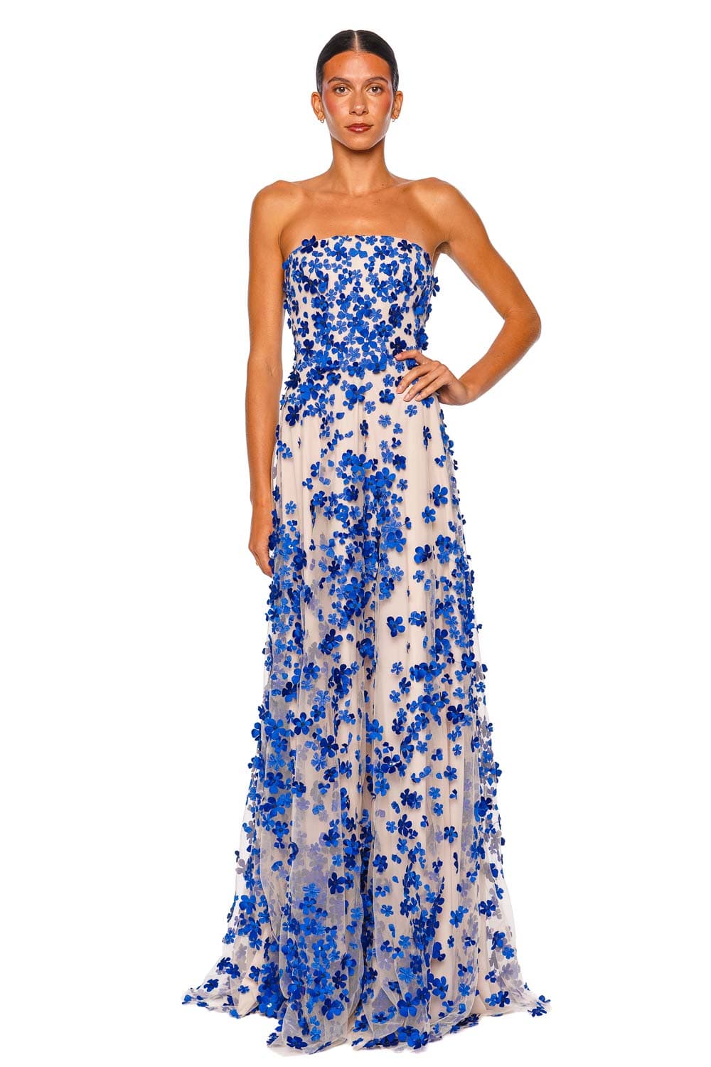 Naeem Khan Cobalt Floral Beaded Strapless Gown