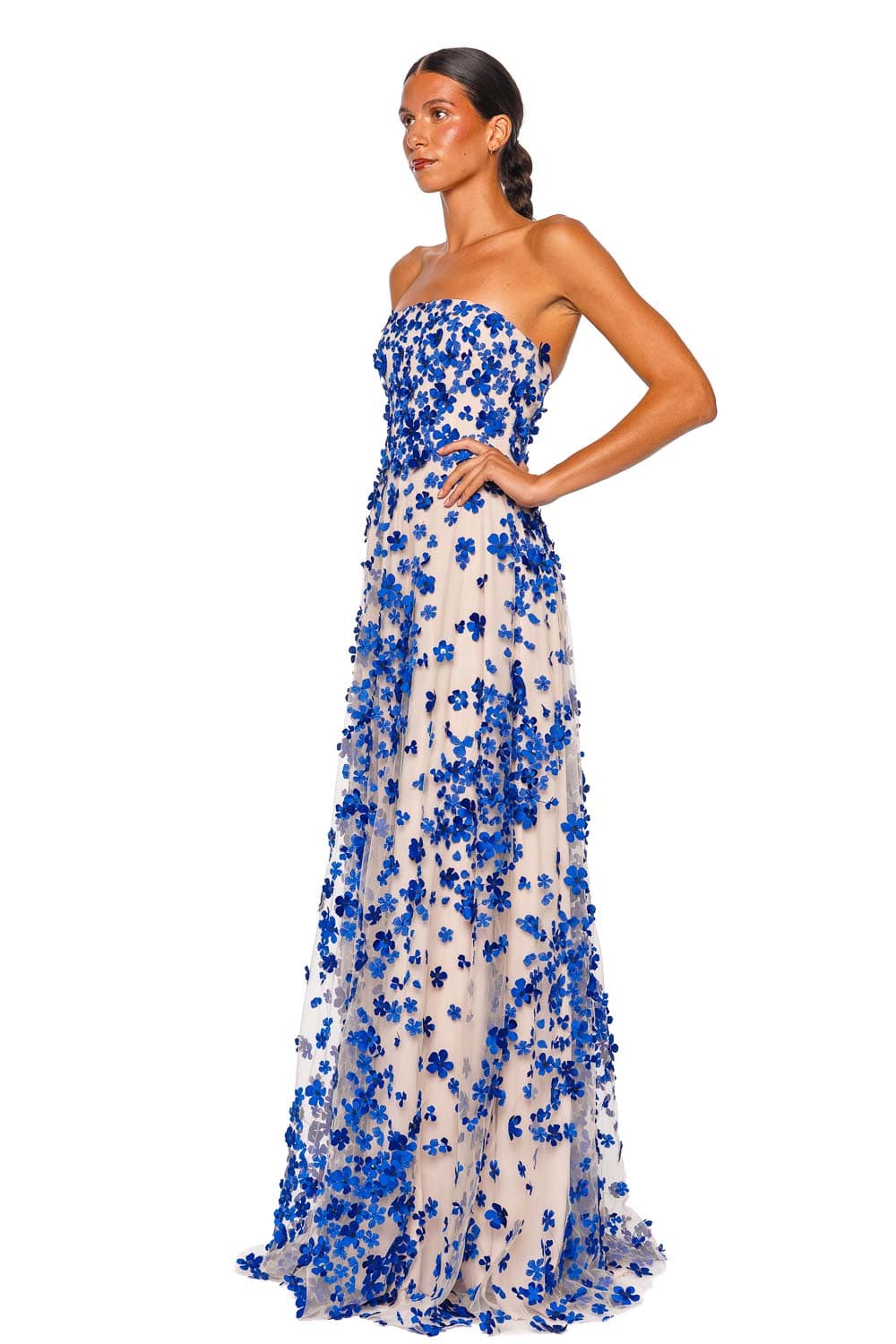 Naeem Khan Cobalt Floral Beaded Strapless Gown