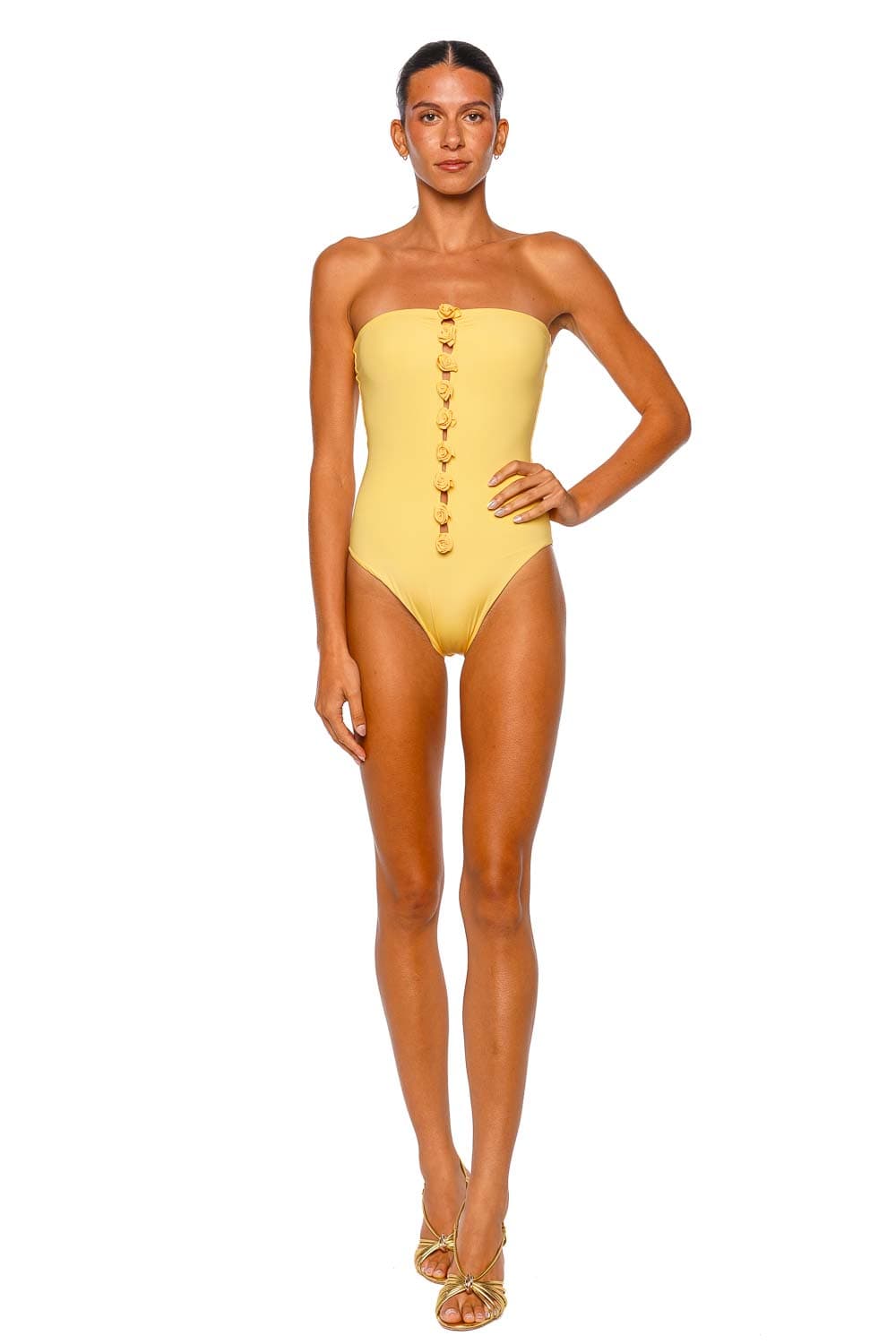 Maygel Coronel Marinae Solario Yellow Strapless One Piece Swimsuit