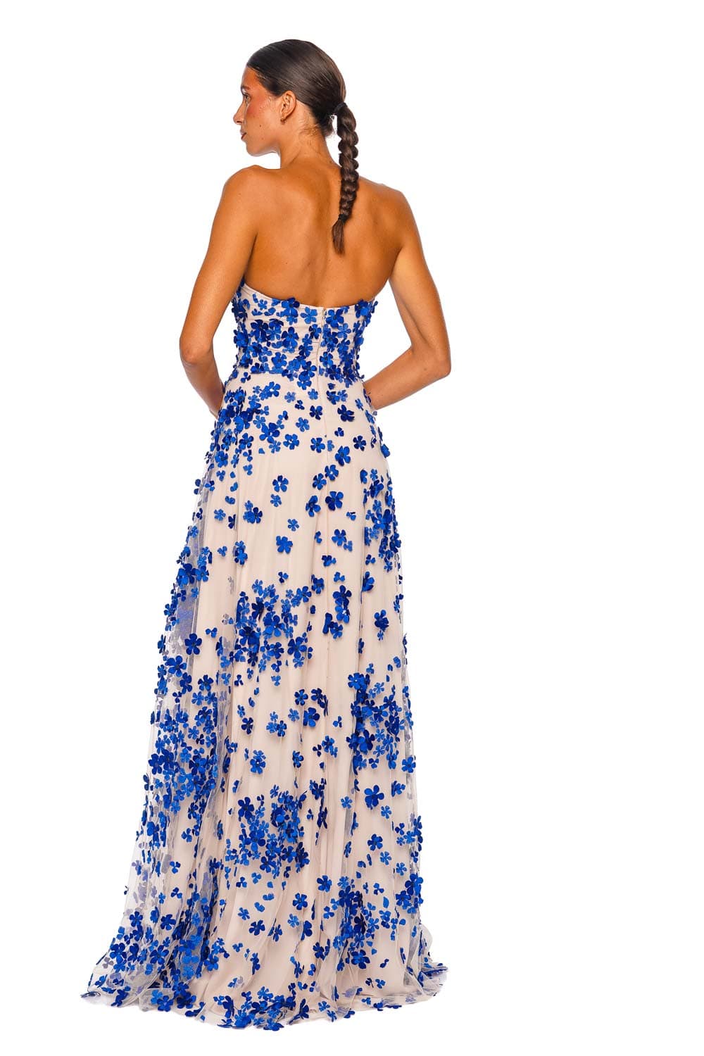 Naeem Khan Cobalt Floral Beaded Strapless Gown