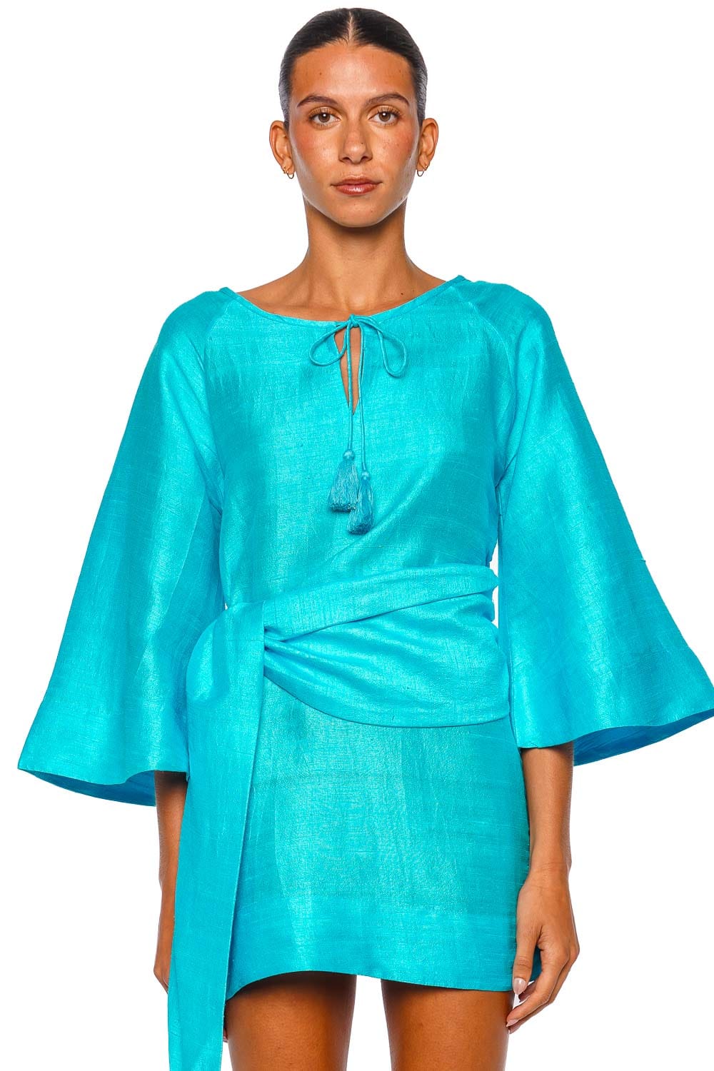 Coniglio Palm Beach Fran Belted Inlet Aqua Bell Sleeve Mini Dress