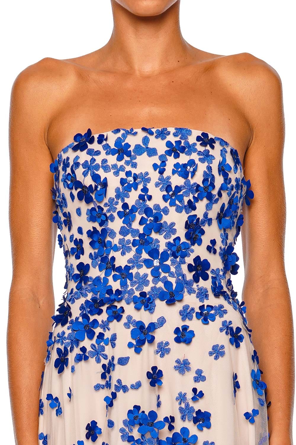 Naeem Khan Cobalt Floral Beaded Strapless Gown