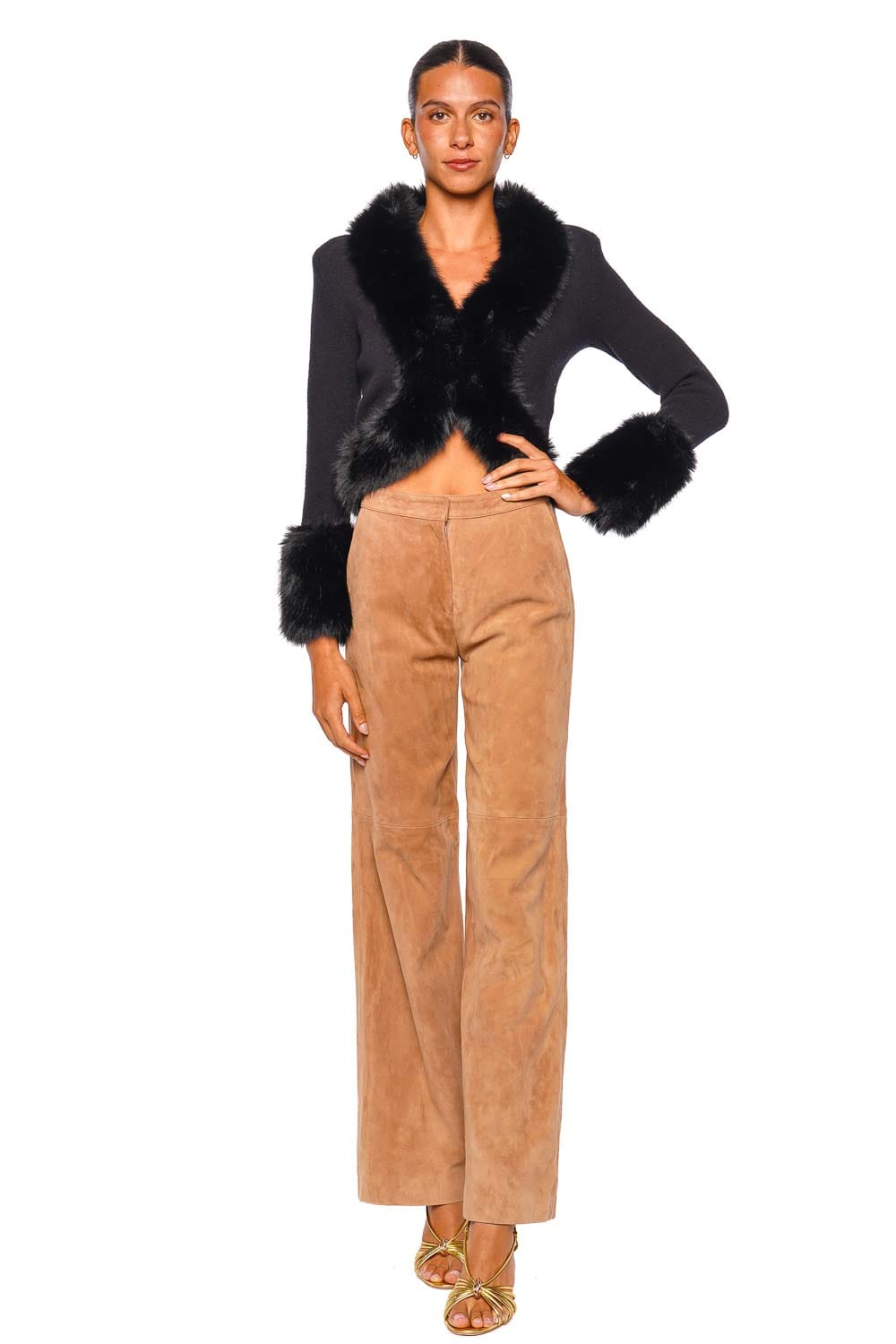 L'AGENCE Irma Black Long Sleeve Fur Trim Cropped Cardigan