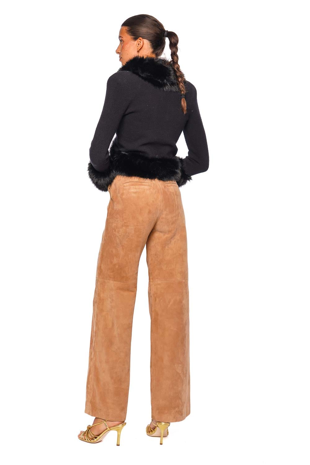 L'AGENCE Irma Black Long Sleeve Fur Trim Cropped Cardigan