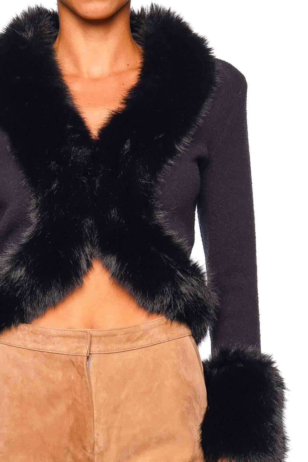 L'AGENCE Irma Black Long Sleeve Fur Trim Cropped Cardigan