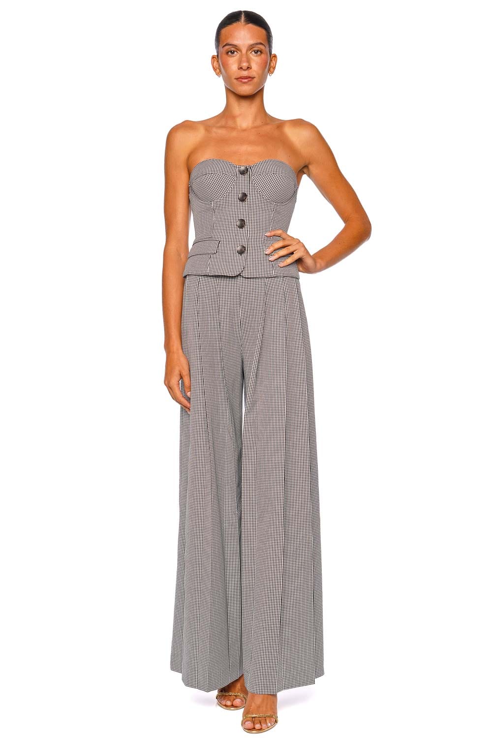 L'AGENCE Genevieve Black White Houndstooth Strapless Corset Vest Top