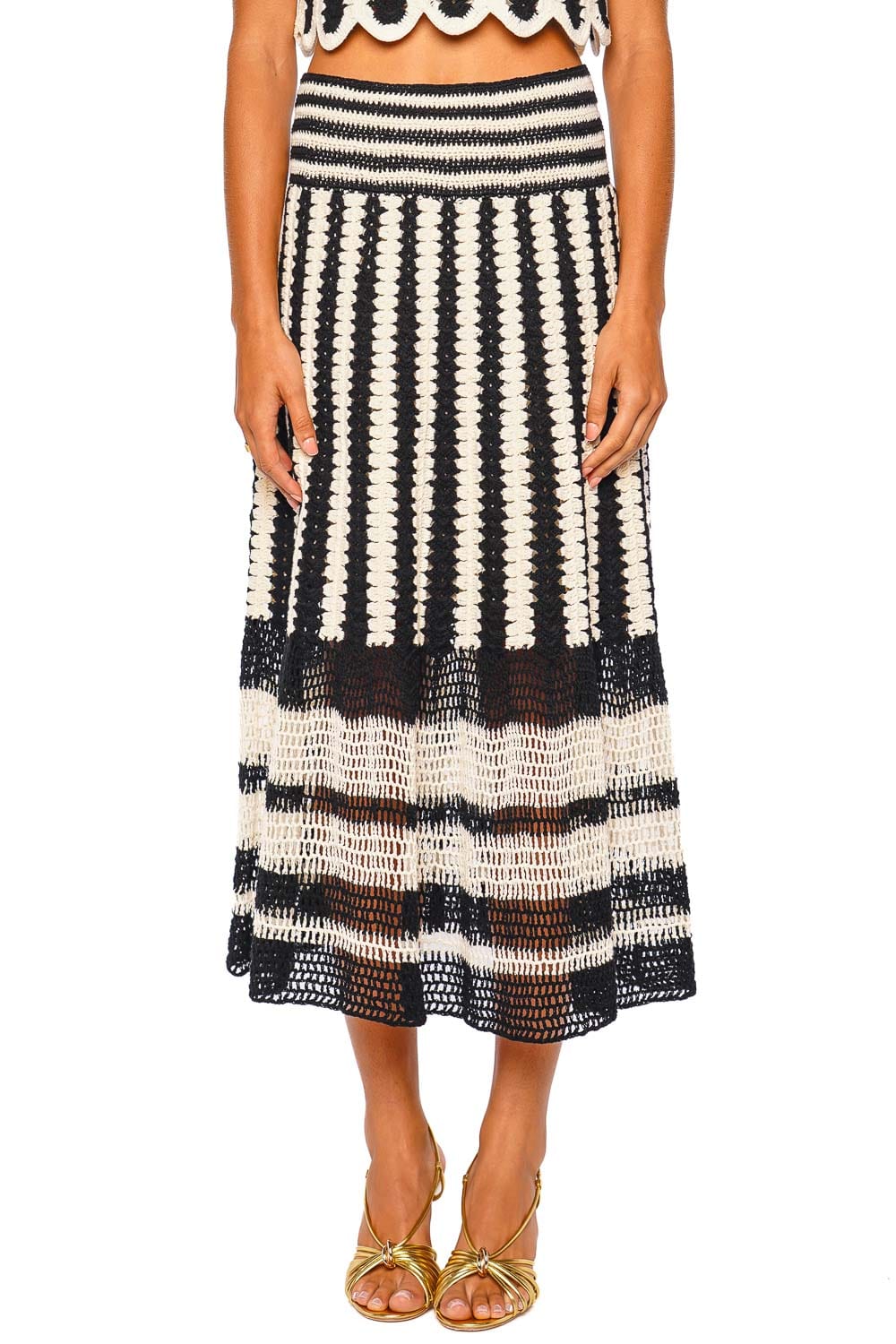 ZIMMERMANN Fairlight Striped Crochet Knit Midi Skirt