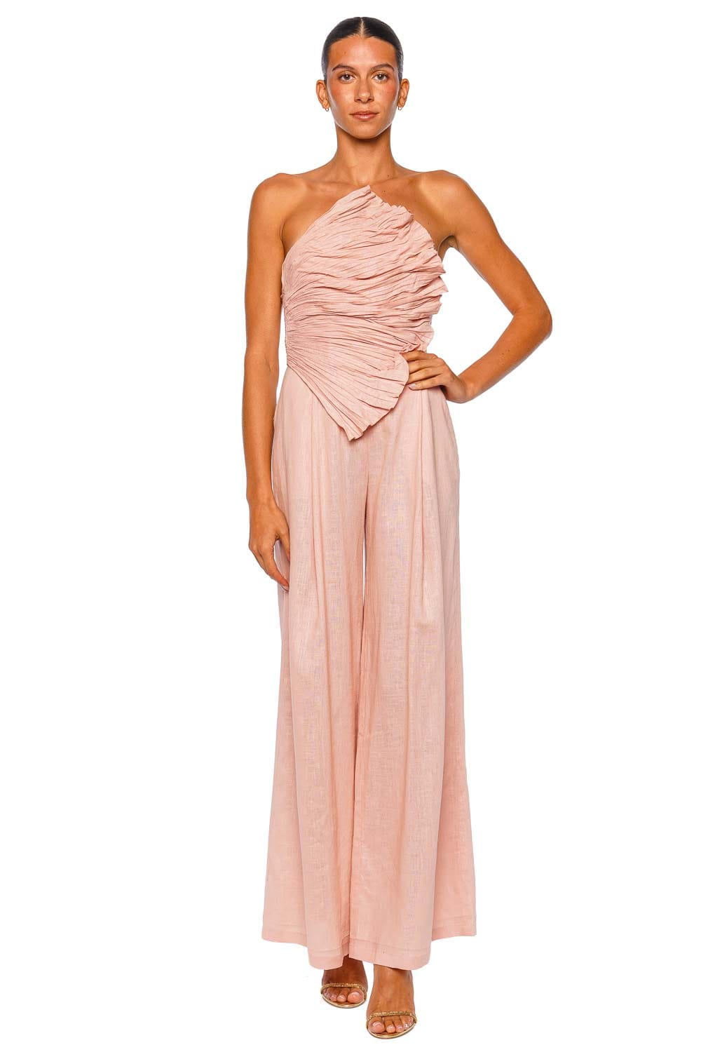 Andres Otalora Ainma Blush Pink One Shoulder Wide Leg Jumpsuit