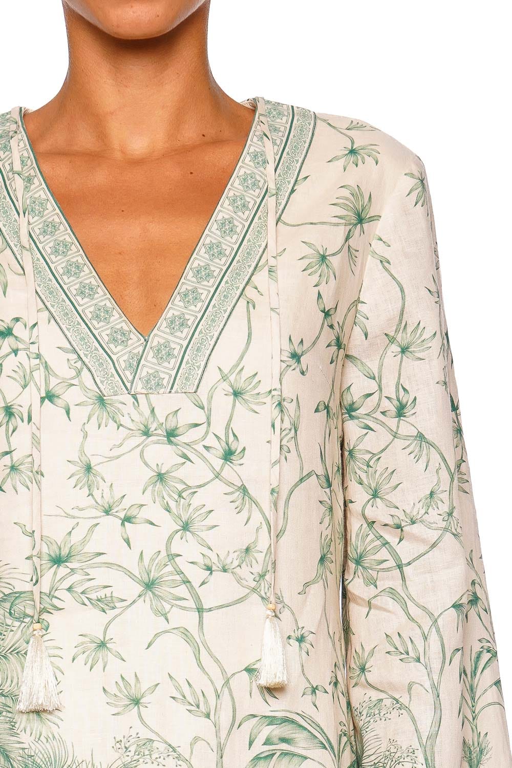 Andres Otalora Hablame Ivory Mint Long Sleeve Mini Tunic Dress