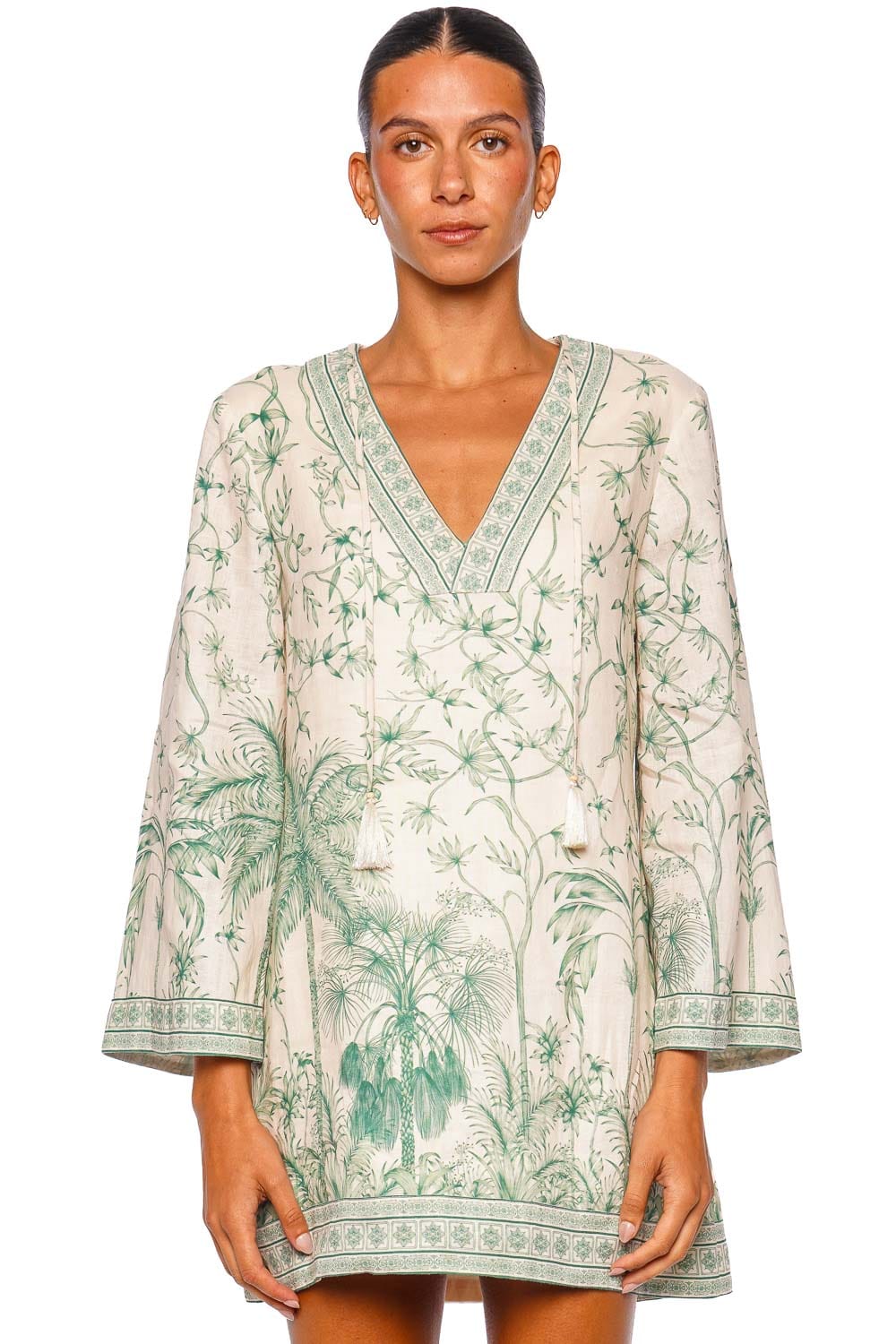 Andres Otalora Hablame Ivory Mint Long Sleeve Mini Tunic Dress