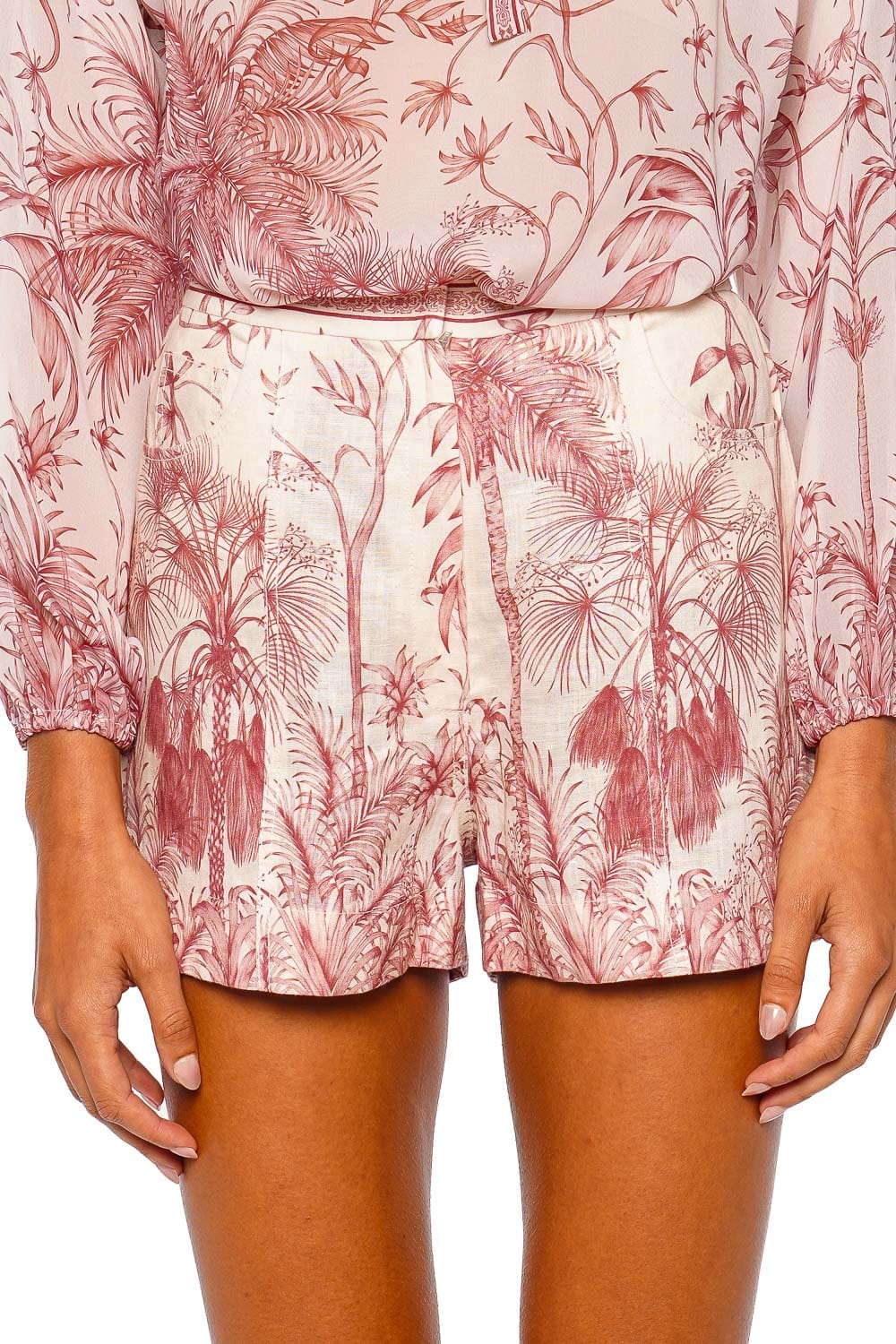 Andres Otalora Tradicion Ivory Pink Tropical Print Tailored Shorts