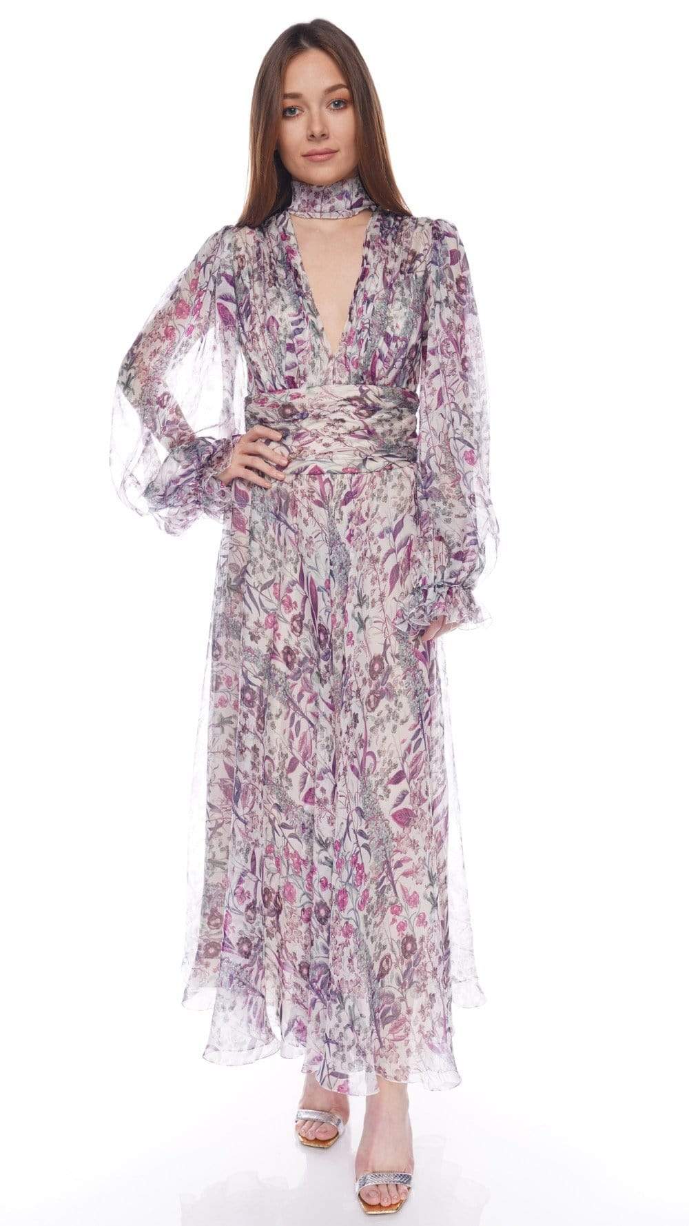 Luisa Beccaria Tie-Neck Printed Silk Maxi Dress