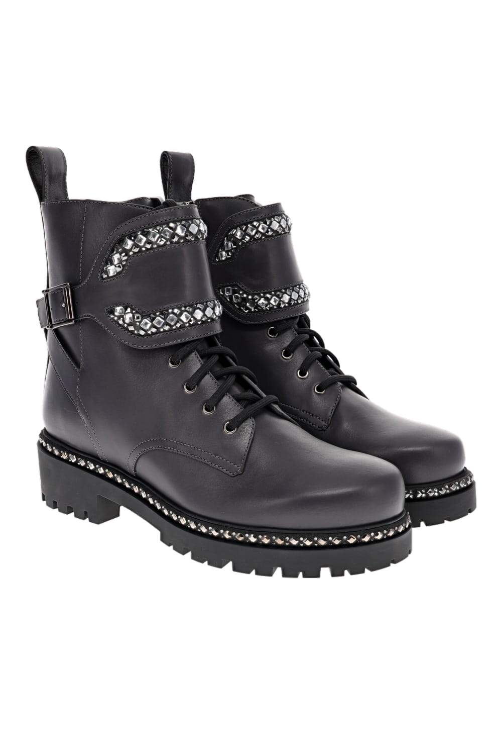 RENE CAOVILLA Crystal Buckle Cuff Leather Biker Boots