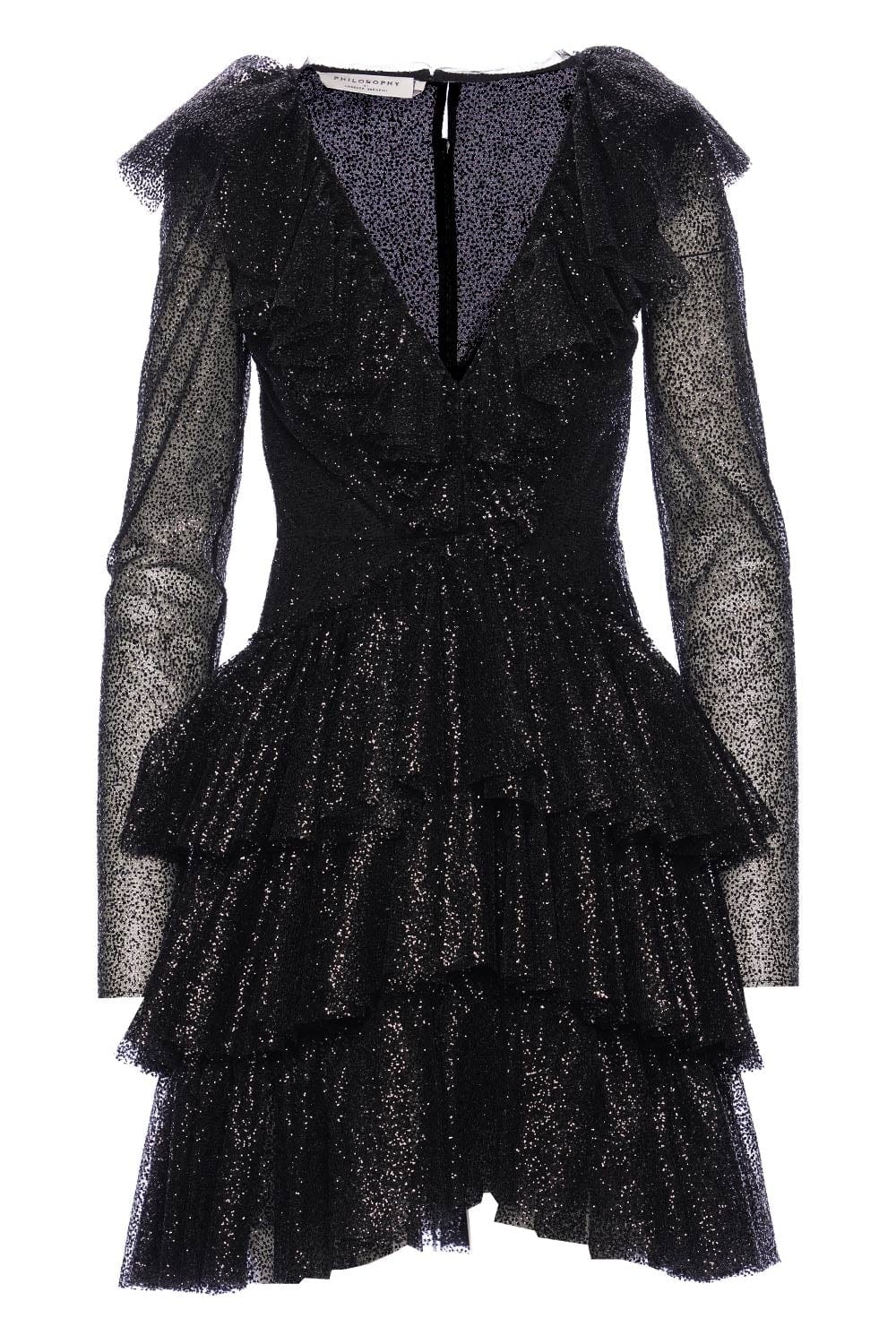 PHILOSOPHY DI LORENZO SERANFINI Black Glittered Tulle Long Sleeve Mini Dress