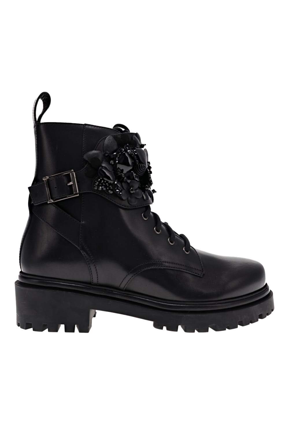 RENE CAOVILLA Black Floral Appliqué Leather Combat Boots