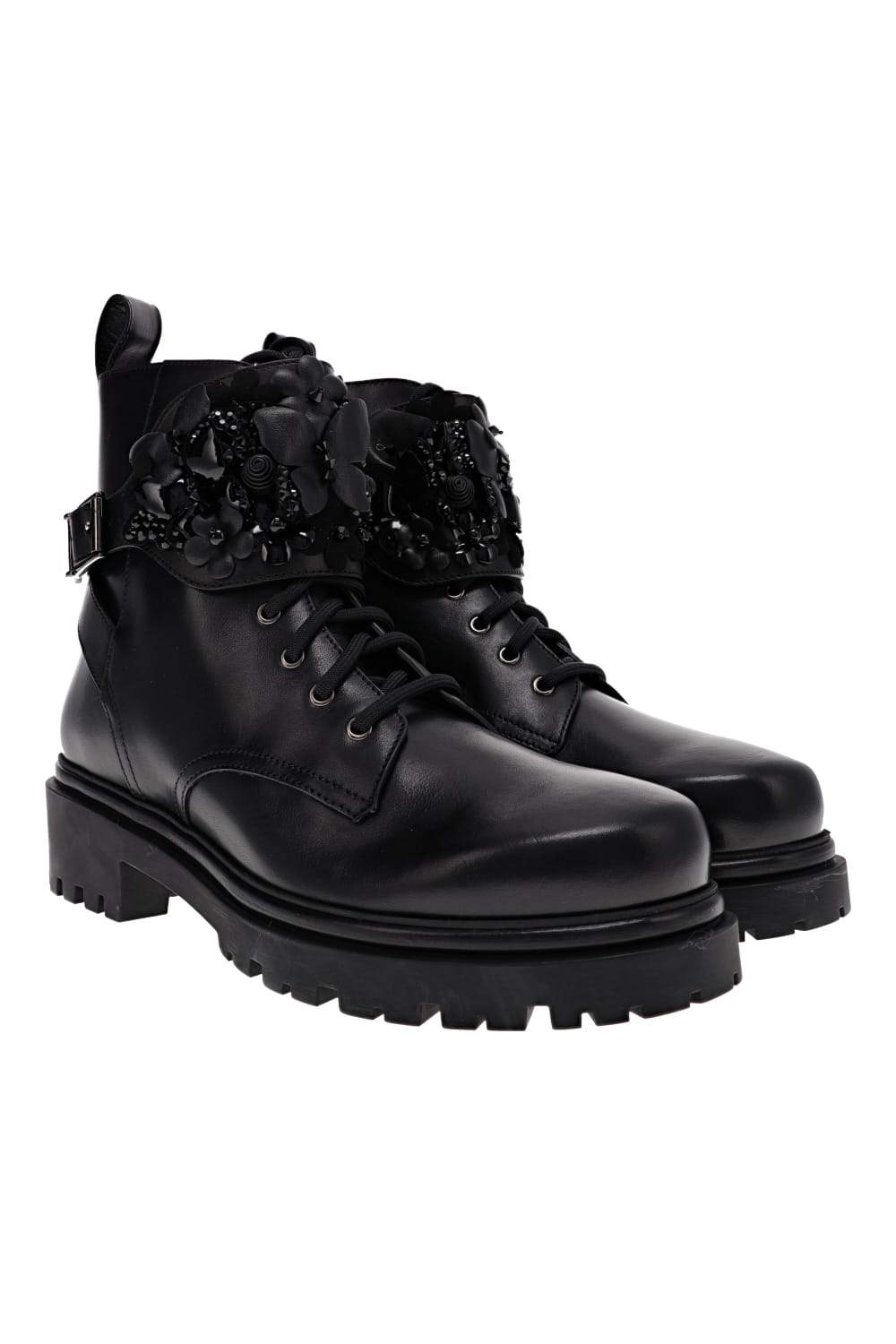 RENE CAOVILLA Black Floral Appliqué Leather Combat Boots