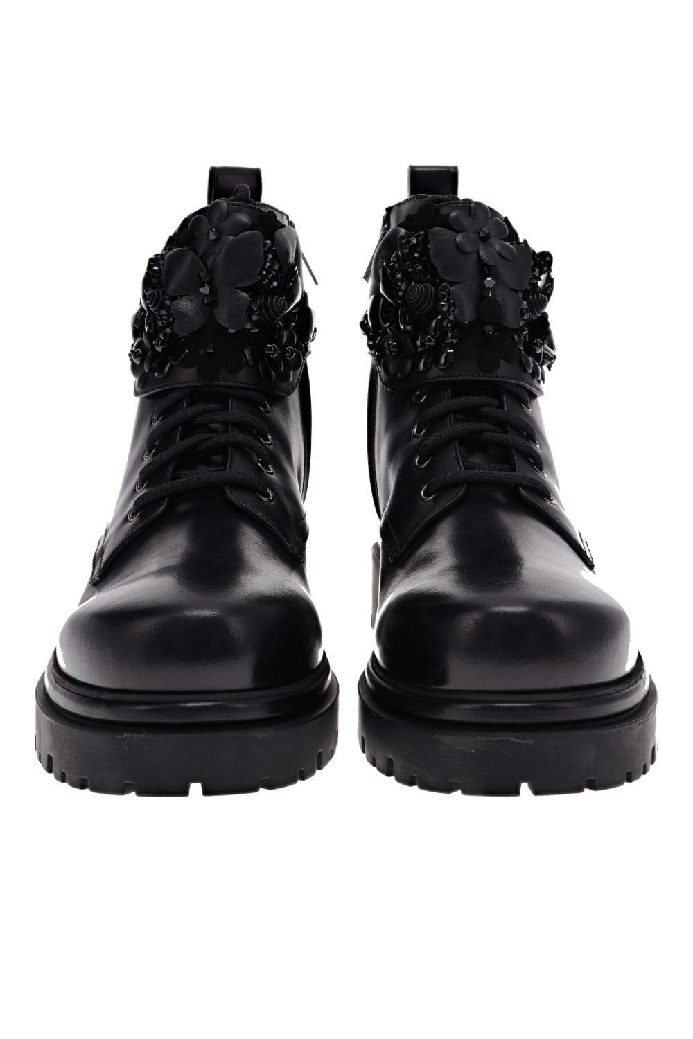 RENE CAOVILLA Black Floral Appliqué Leather Combat Boots