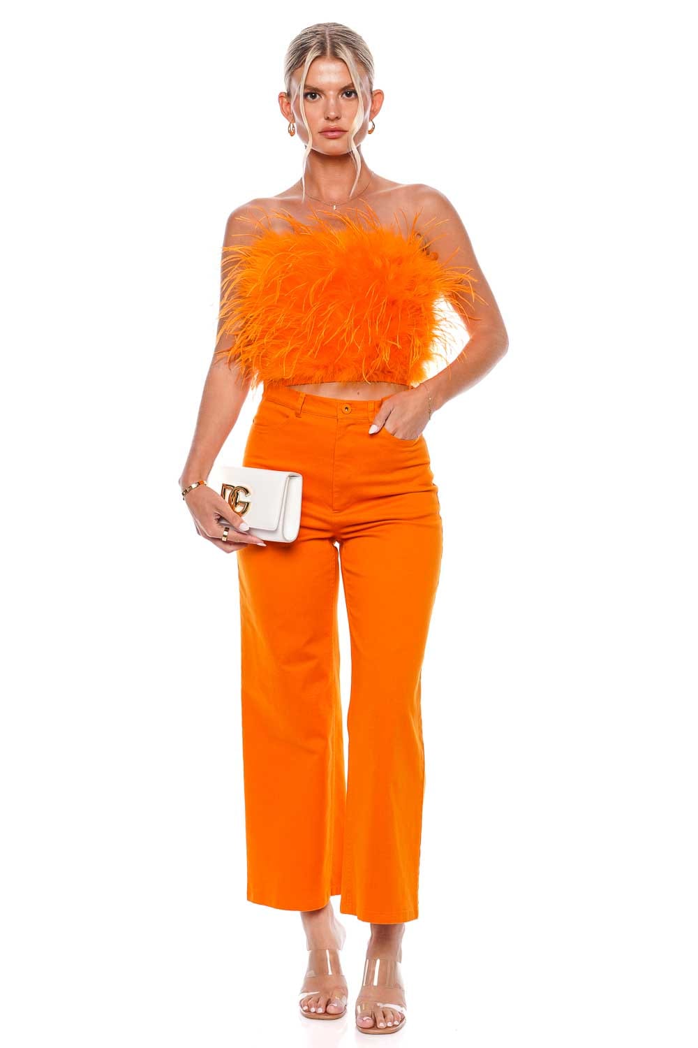 LAPOINTE Tangerine Feathered Strapless Crop Top
