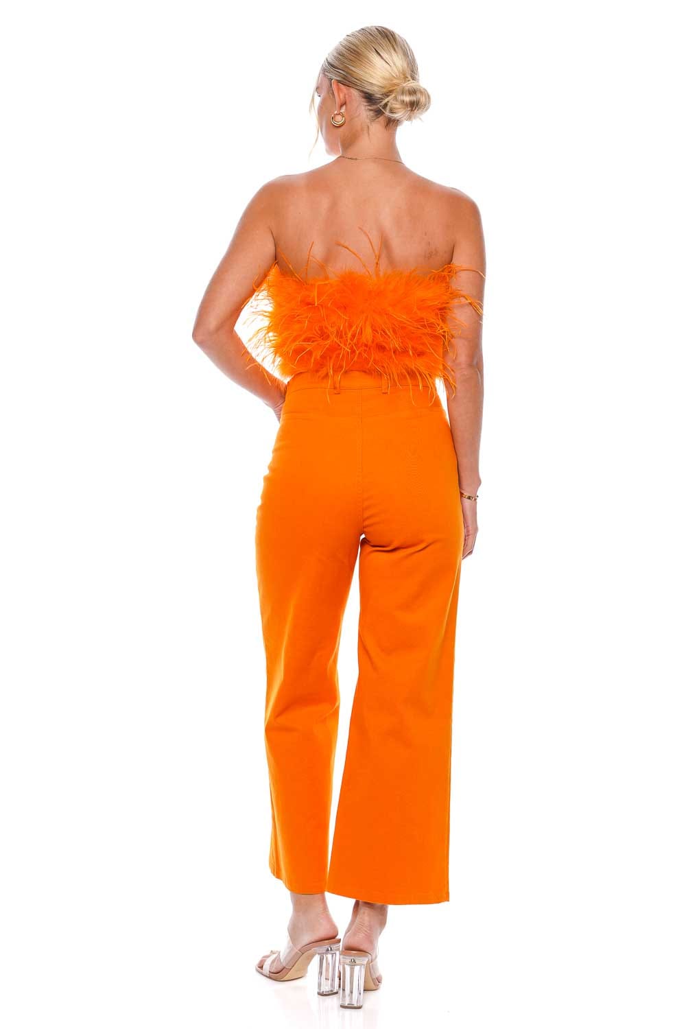 LAPOINTE Tangerine Feathered Strapless Crop Top