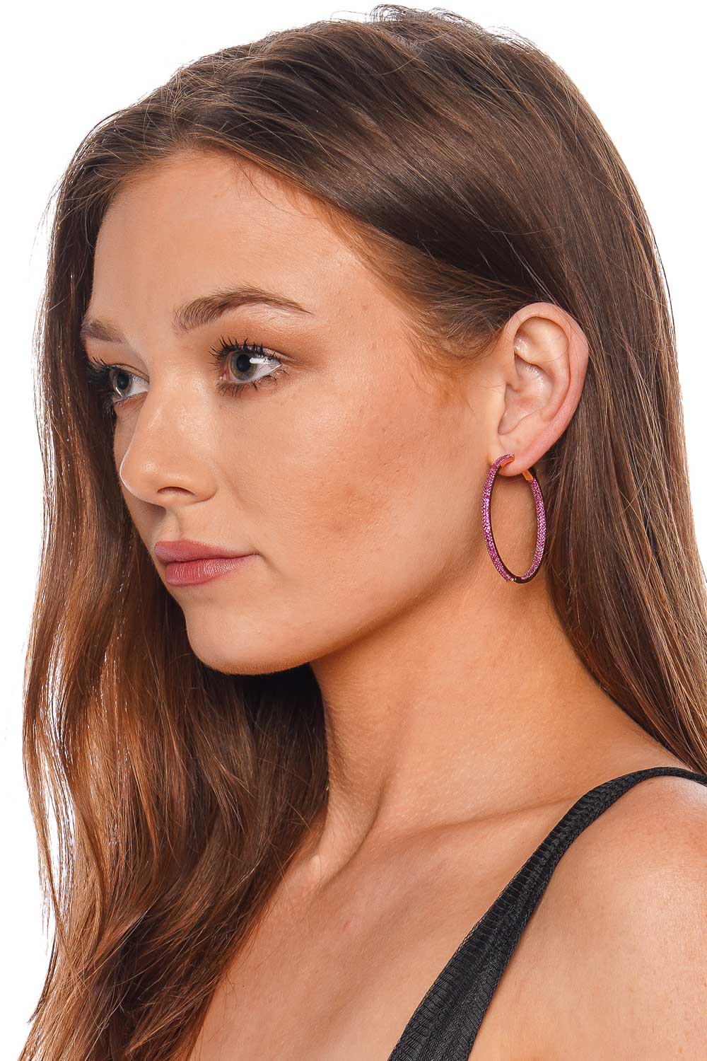 Nickho Rey Slim Tire Pink Crystal Hoop Earrings